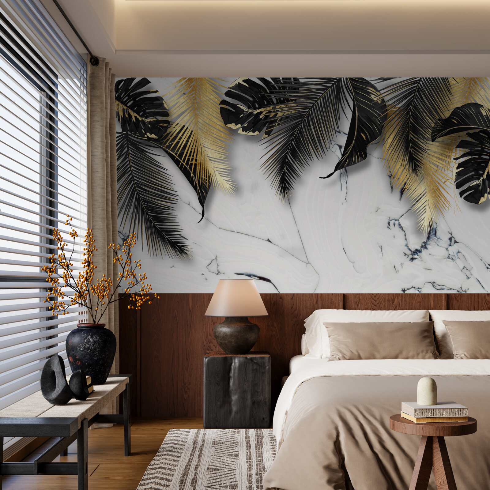 Fototapeta mramor je posiaty hnedými a čiernymi listami