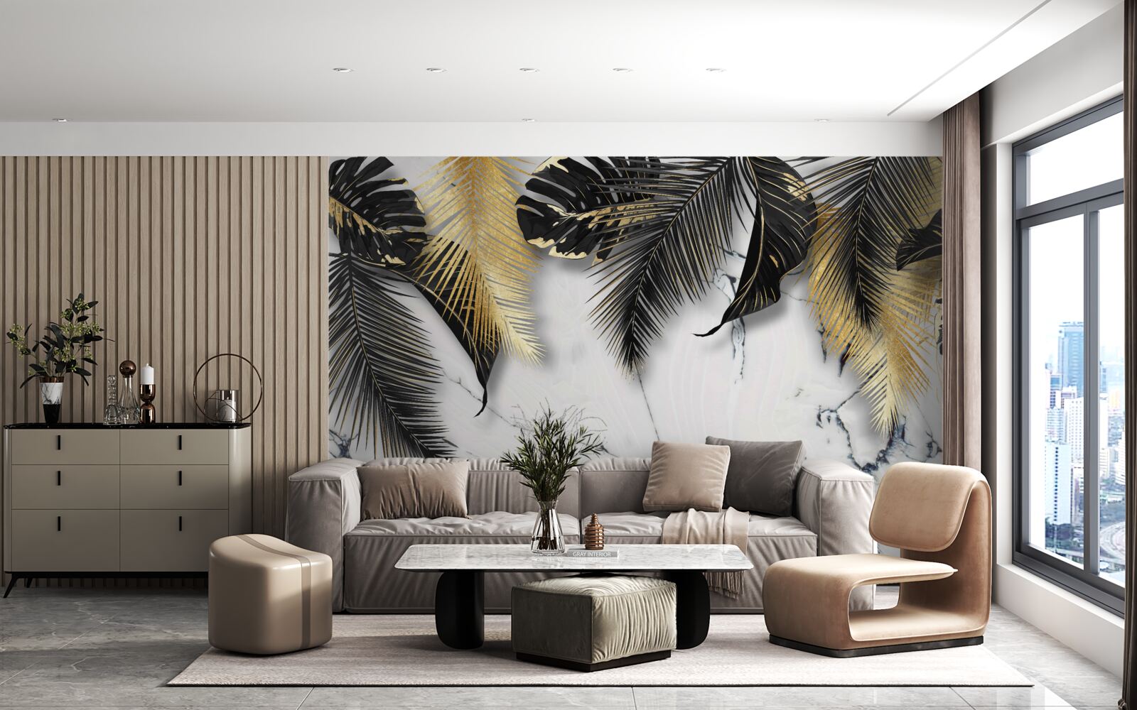 Fototapeta mramor je posiaty hnedými a čiernymi listami