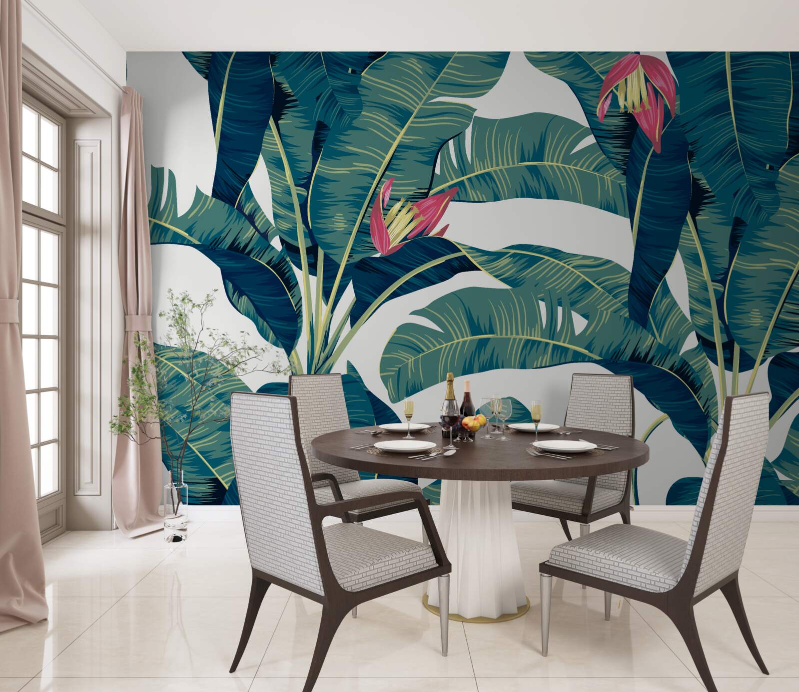 Fototapeta kvety medzi zelenými tropickými listami