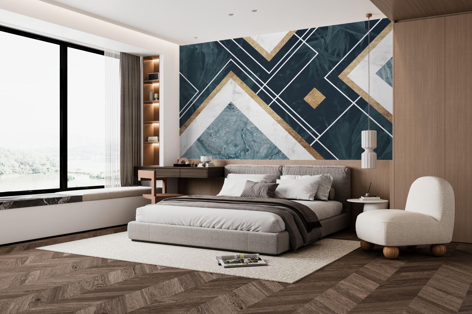 Fototapeta modrá mozaika s bielymi prvkami