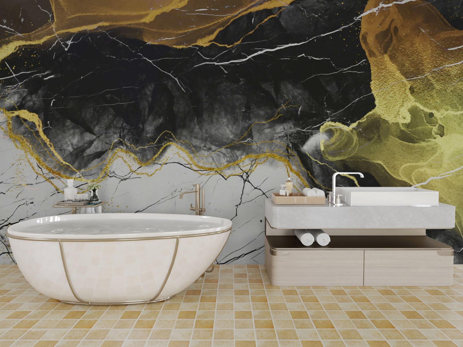 Fototapeta čierny a biely mramor so zlatými odtieňmi