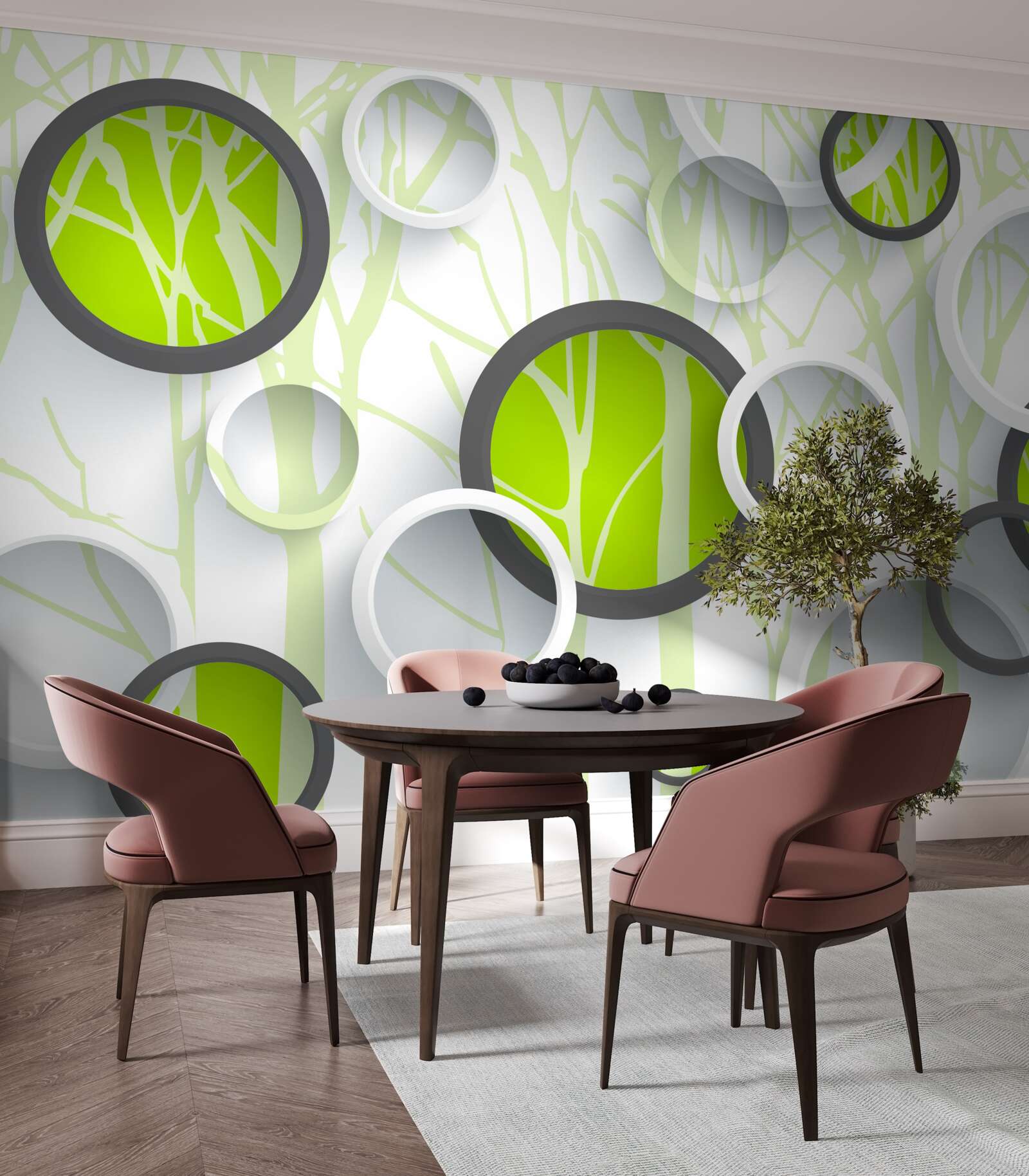 Fototapeta kruhy zelenej farby prepletené na zalesnenom pozadí