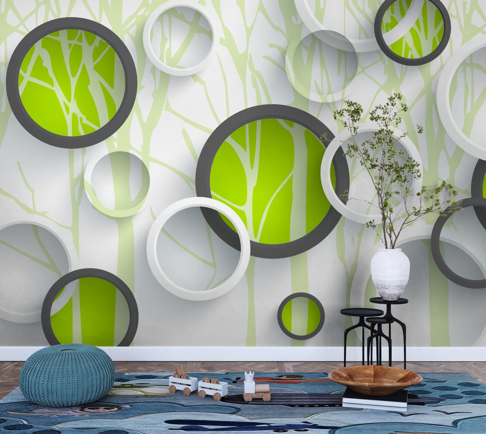 Fototapeta kruhy zelenej farby prepletené na zalesnenom pozadí