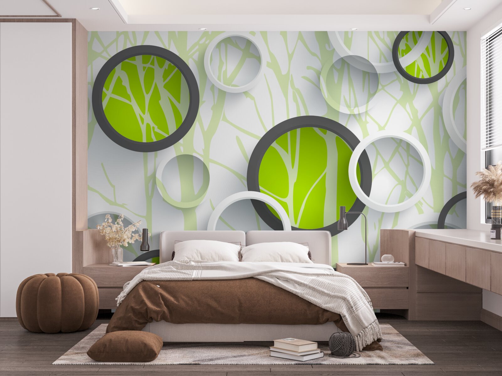 Fototapeta kruhy zelenej farby prepletené na zalesnenom pozadí