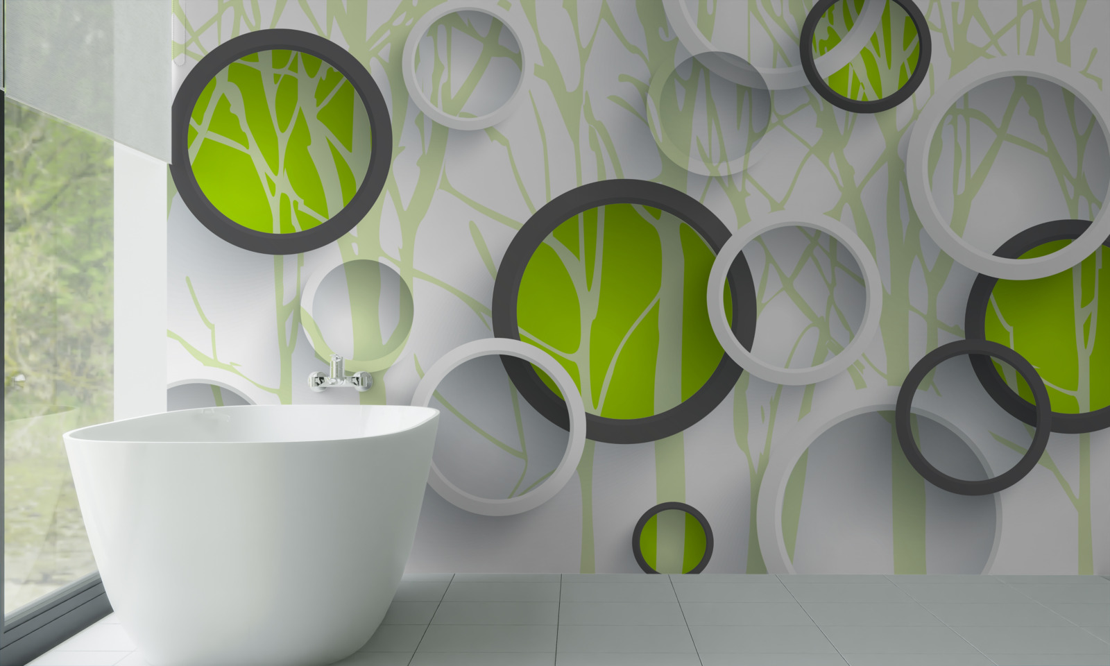 Fototapeta kruhy zelenej farby prepletené na zalesnenom pozadí