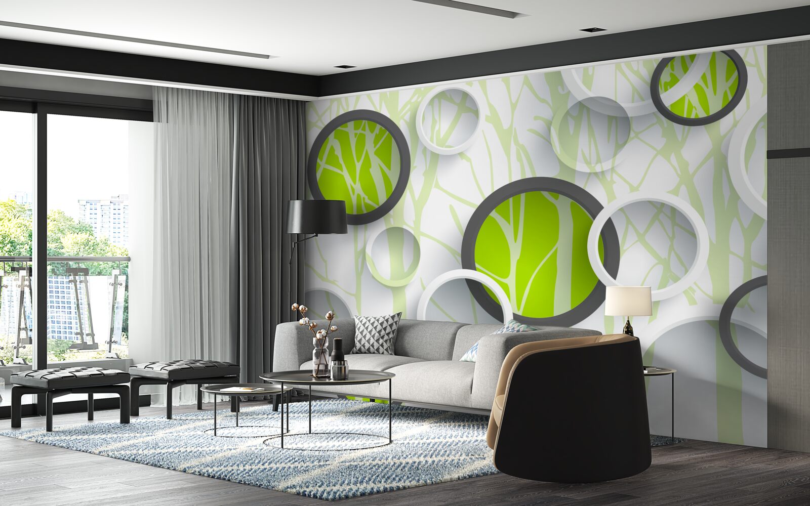 Fototapeta kruhy zelenej farby prepletené na zalesnenom pozadí