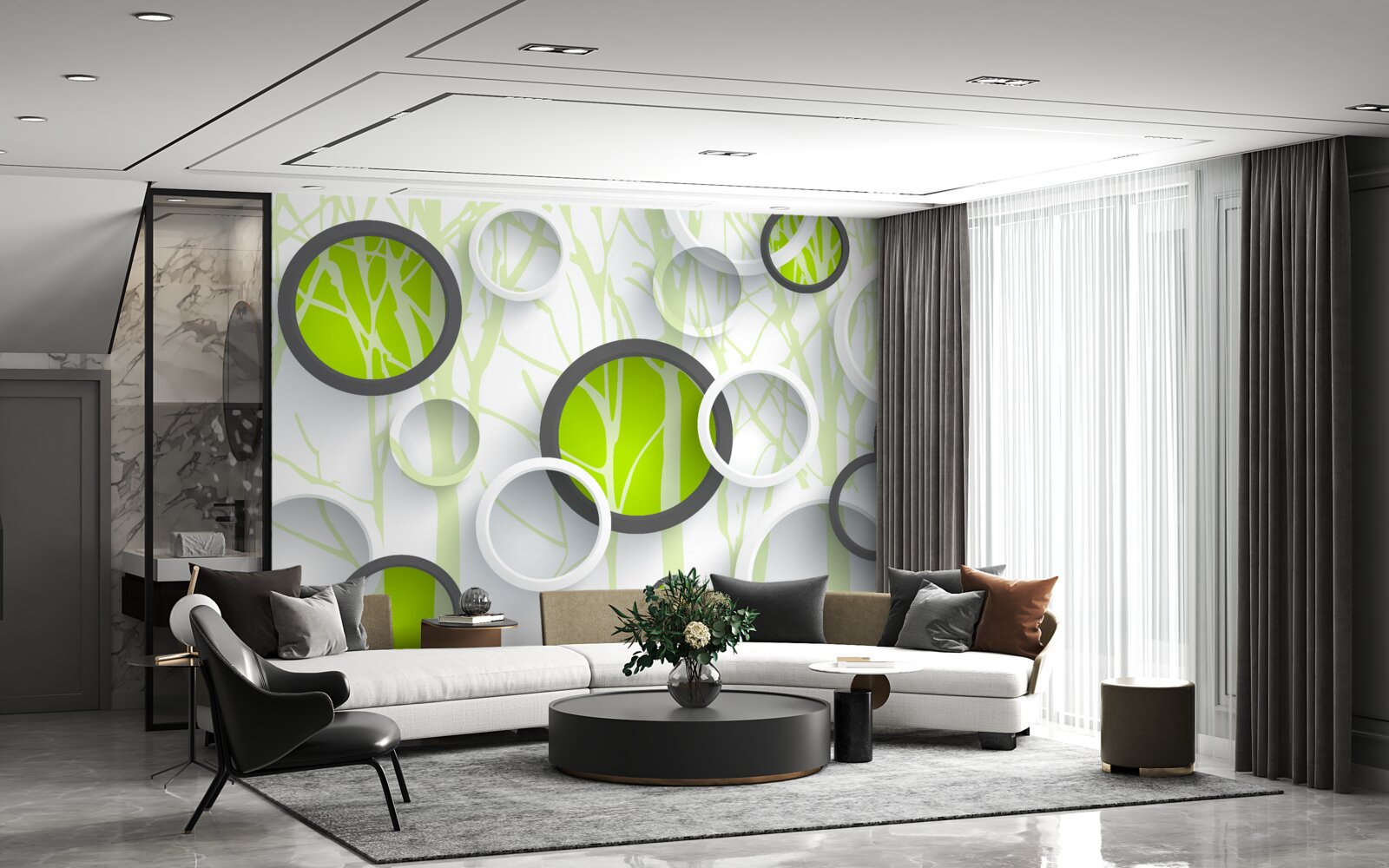 Fototapeta kruhy zelenej farby prepletené na zalesnenom pozadí