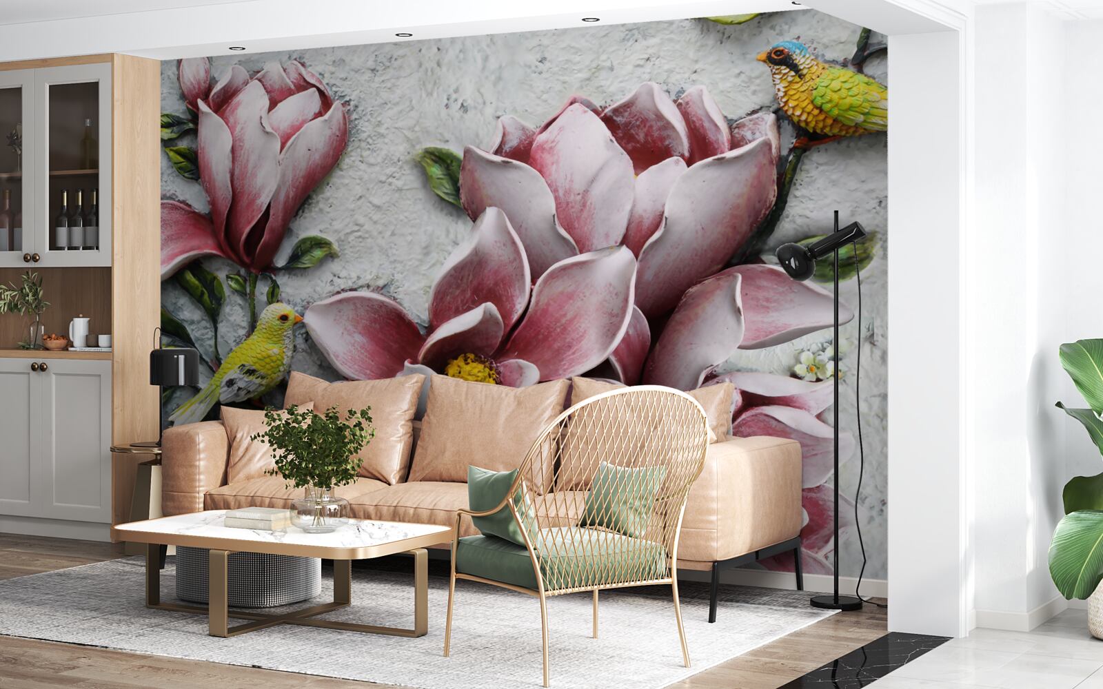 Fototapeta lotos je červený a biely a vtáky sú jasne žlté