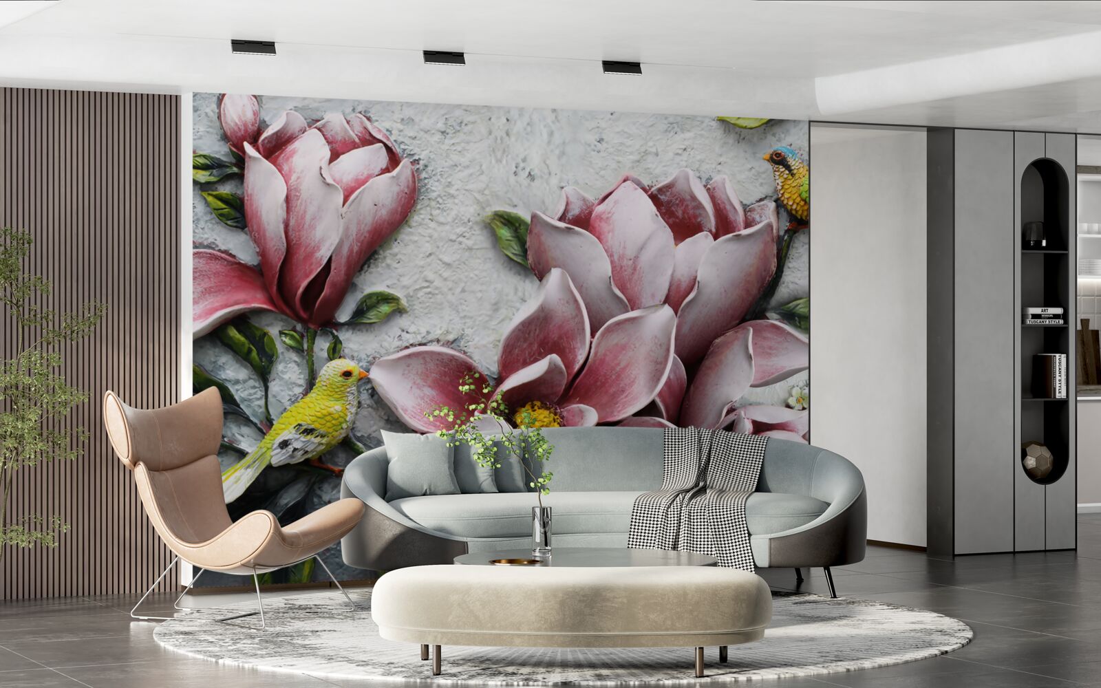 Fototapeta lotos je červený a biely a vtáky sú jasne žlté