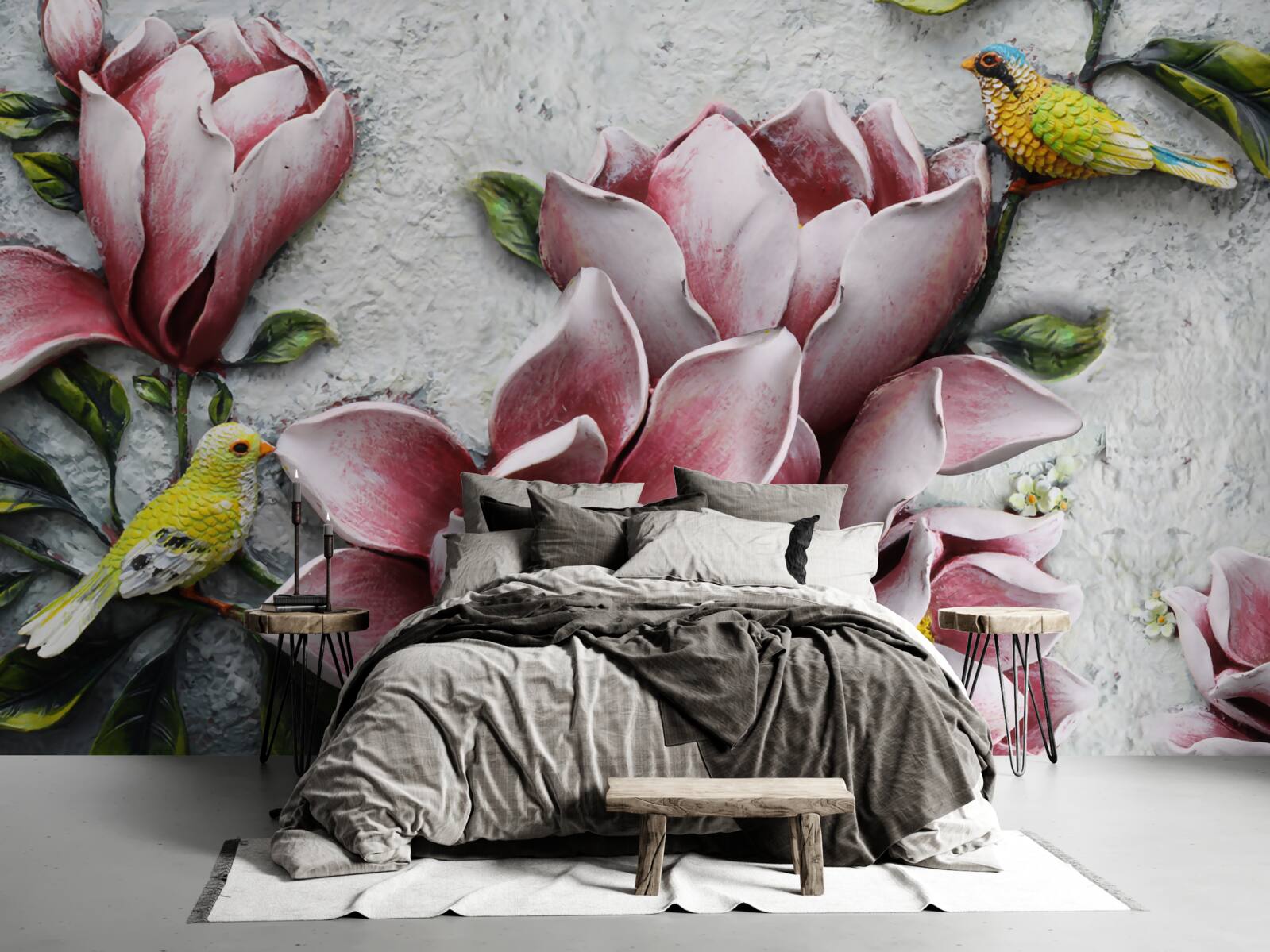 Fototapeta lotos je červený a biely a vtáky sú jasne žlté