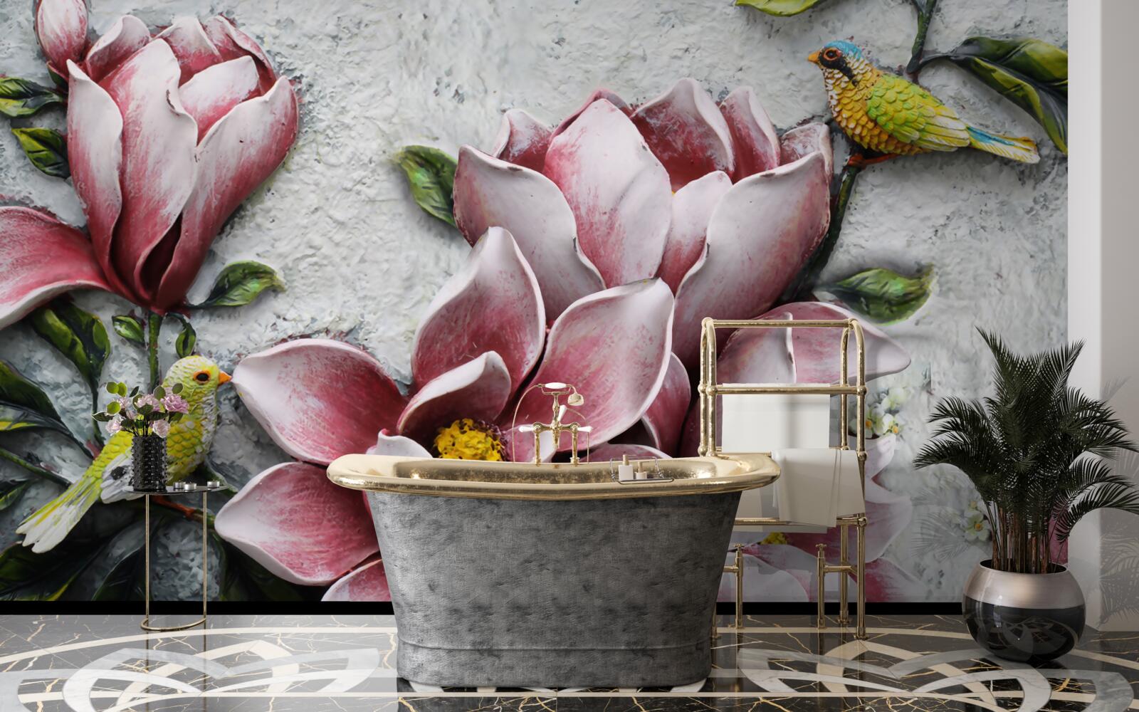 Fototapeta lotos je červený a biely a vtáky sú jasne žlté