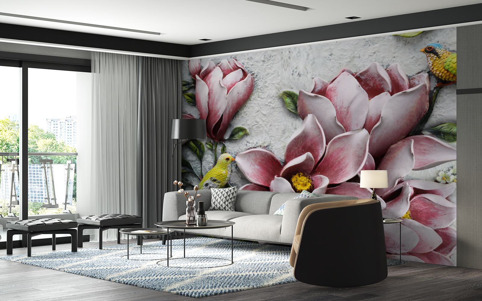 Fototapeta lotos je červený a biely a vtáky sú jasne žlté