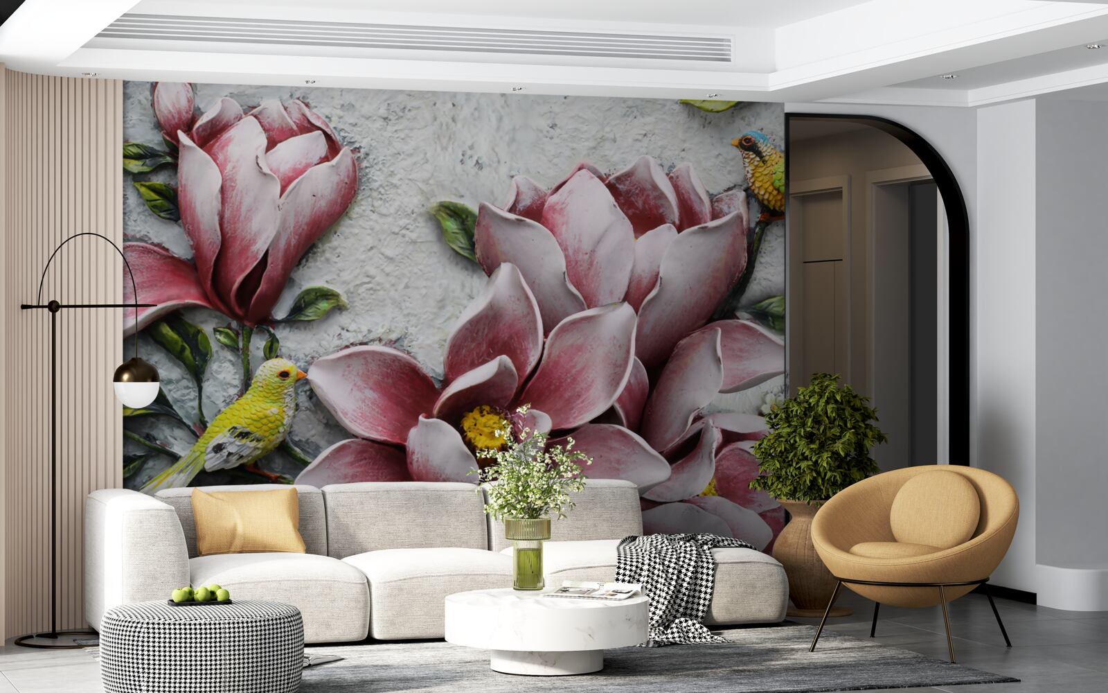 Fototapeta lotos je červený a biely a vtáky sú jasne žlté