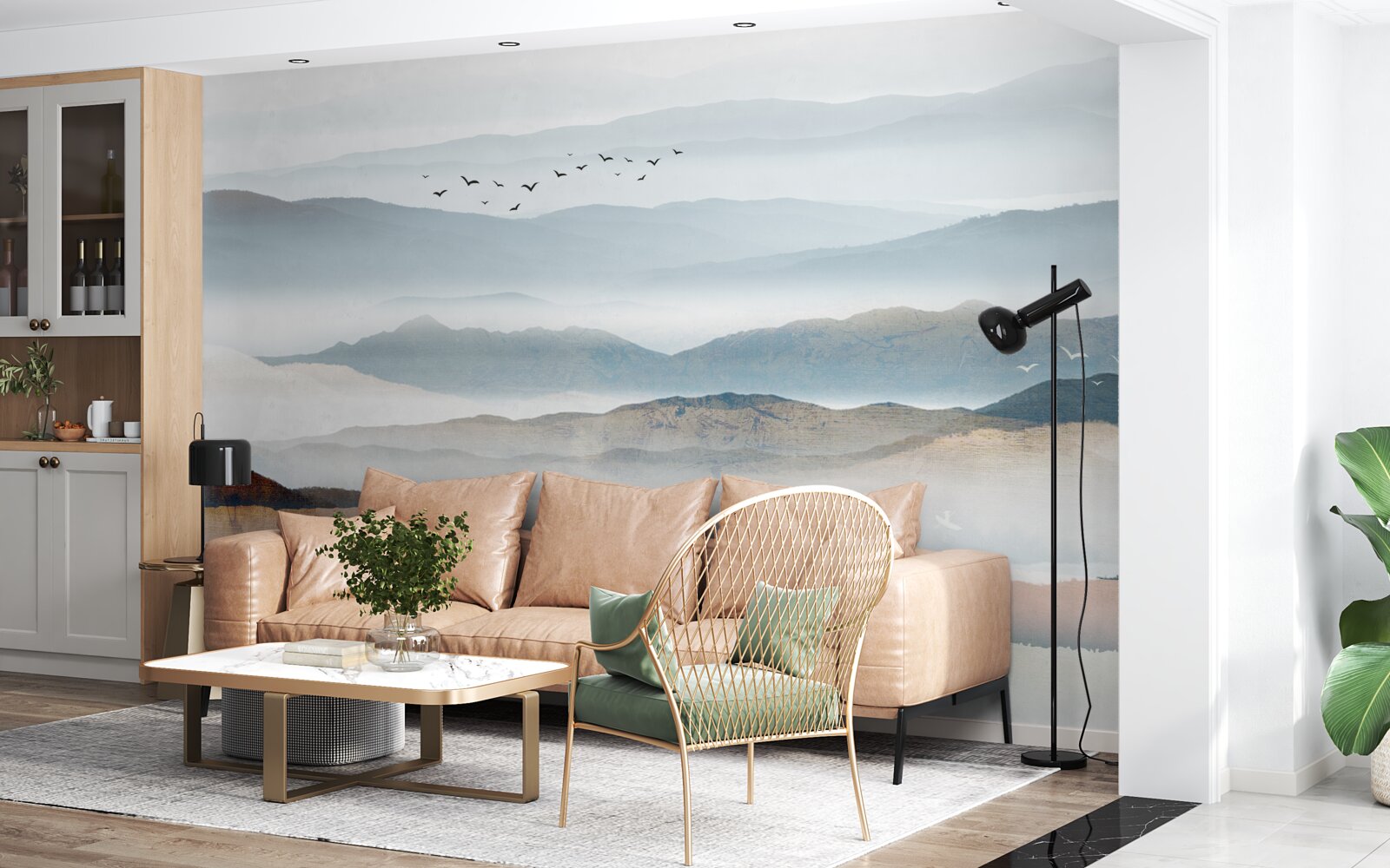 Fototapeta vtáky lietajú nad lesom zahaleným rannou hmlou