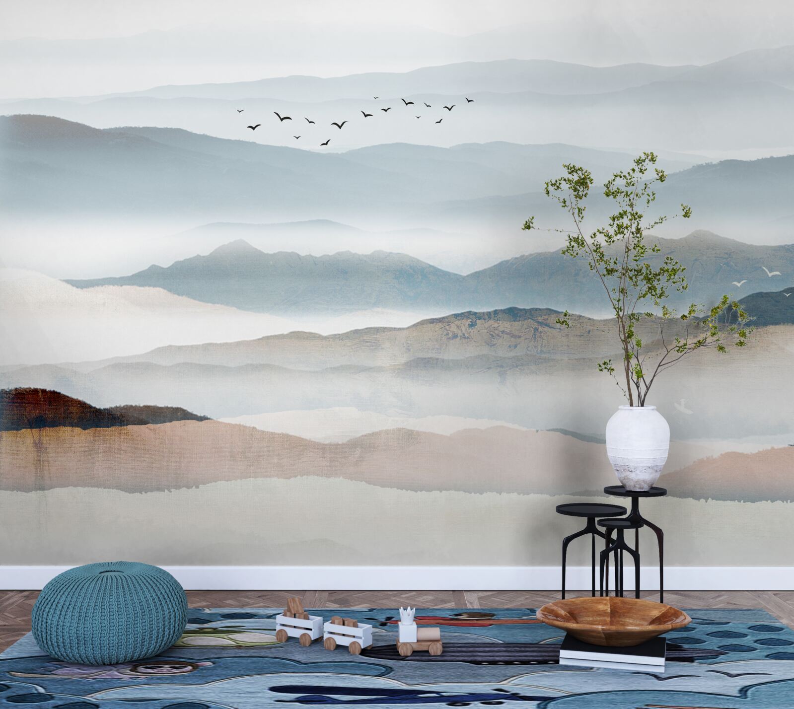 Fototapeta vtáky lietajú nad lesom zahaleným rannou hmlou