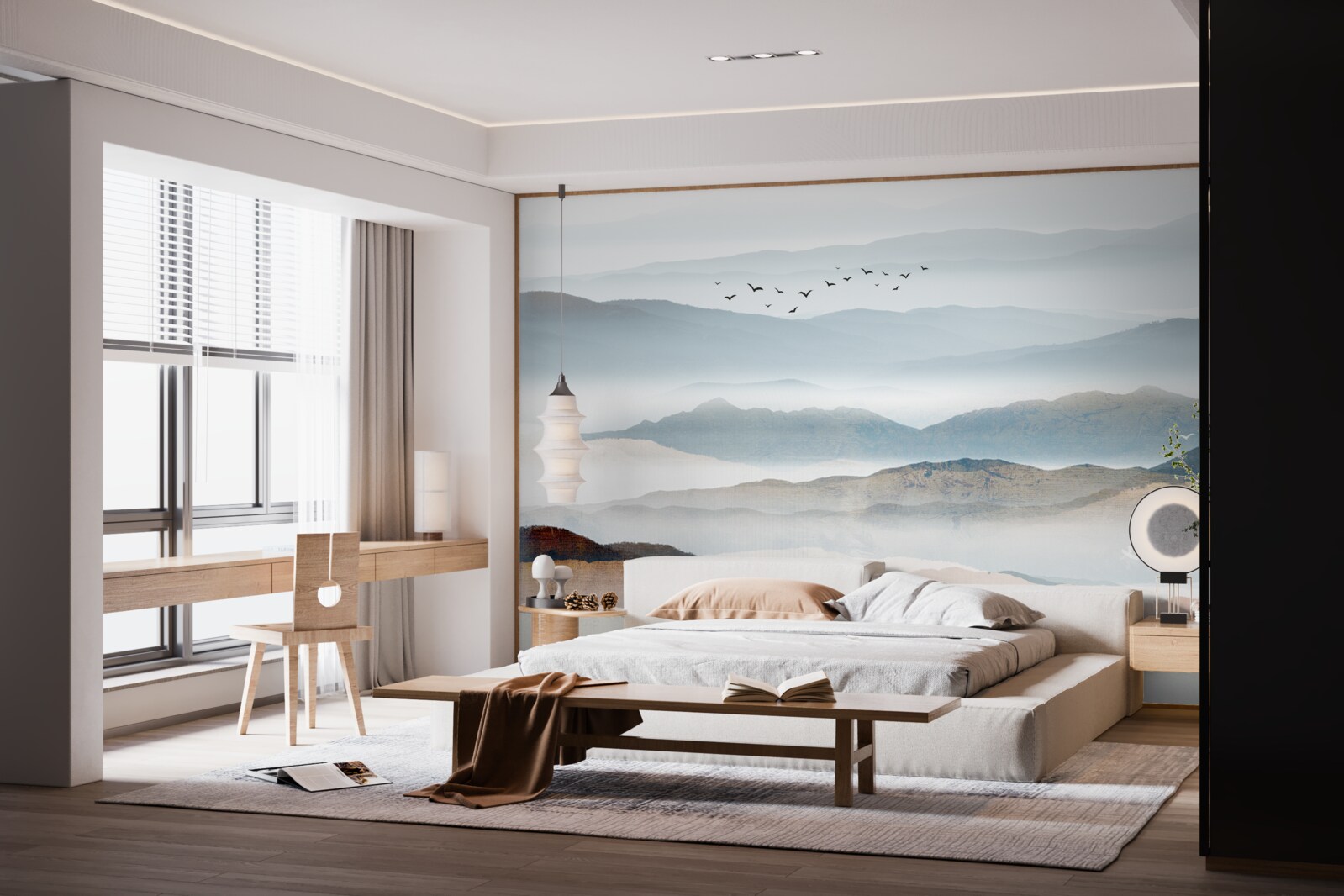 Fototapeta vtáky lietajú nad lesom zahaleným rannou hmlou