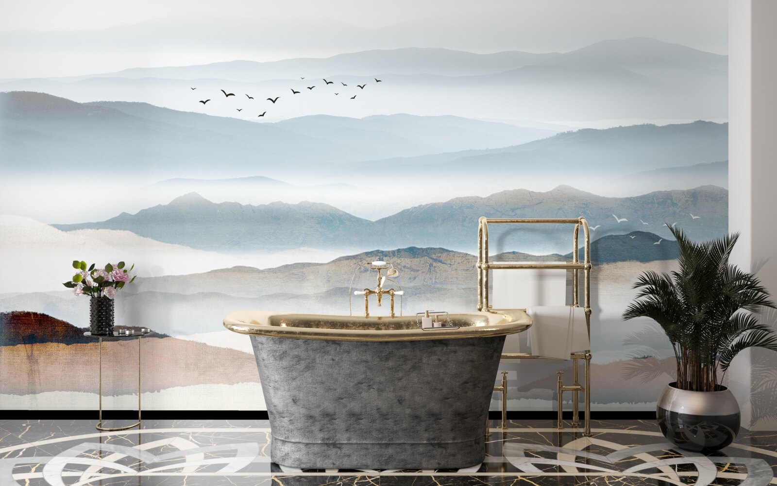 Fototapeta vtáky lietajú nad lesom zahaleným rannou hmlou