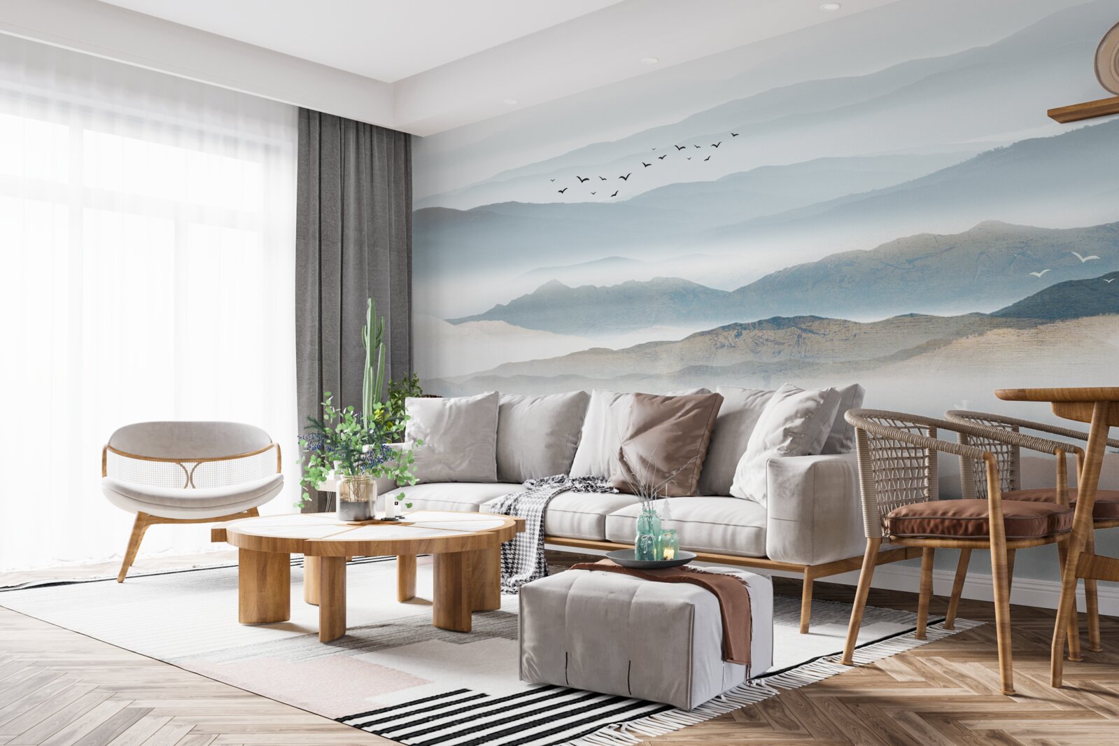 Fototapeta vtáky lietajú nad lesom zahaleným rannou hmlou