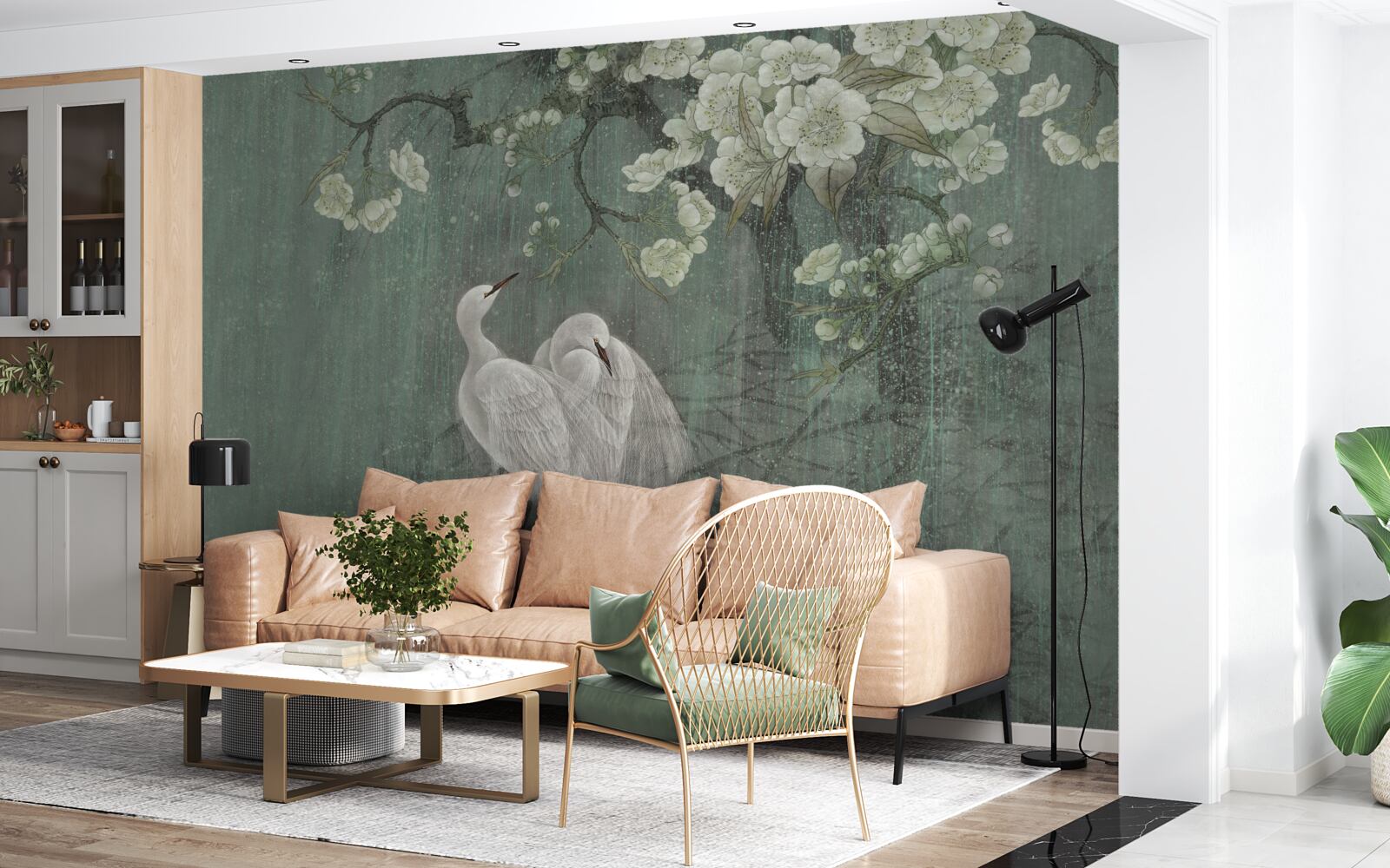 Fototapeta labute plávajú pod stromom v plnom kvete