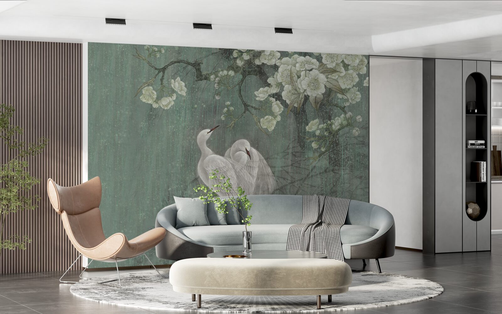 Fototapeta labute plávajú pod stromom v plnom kvete