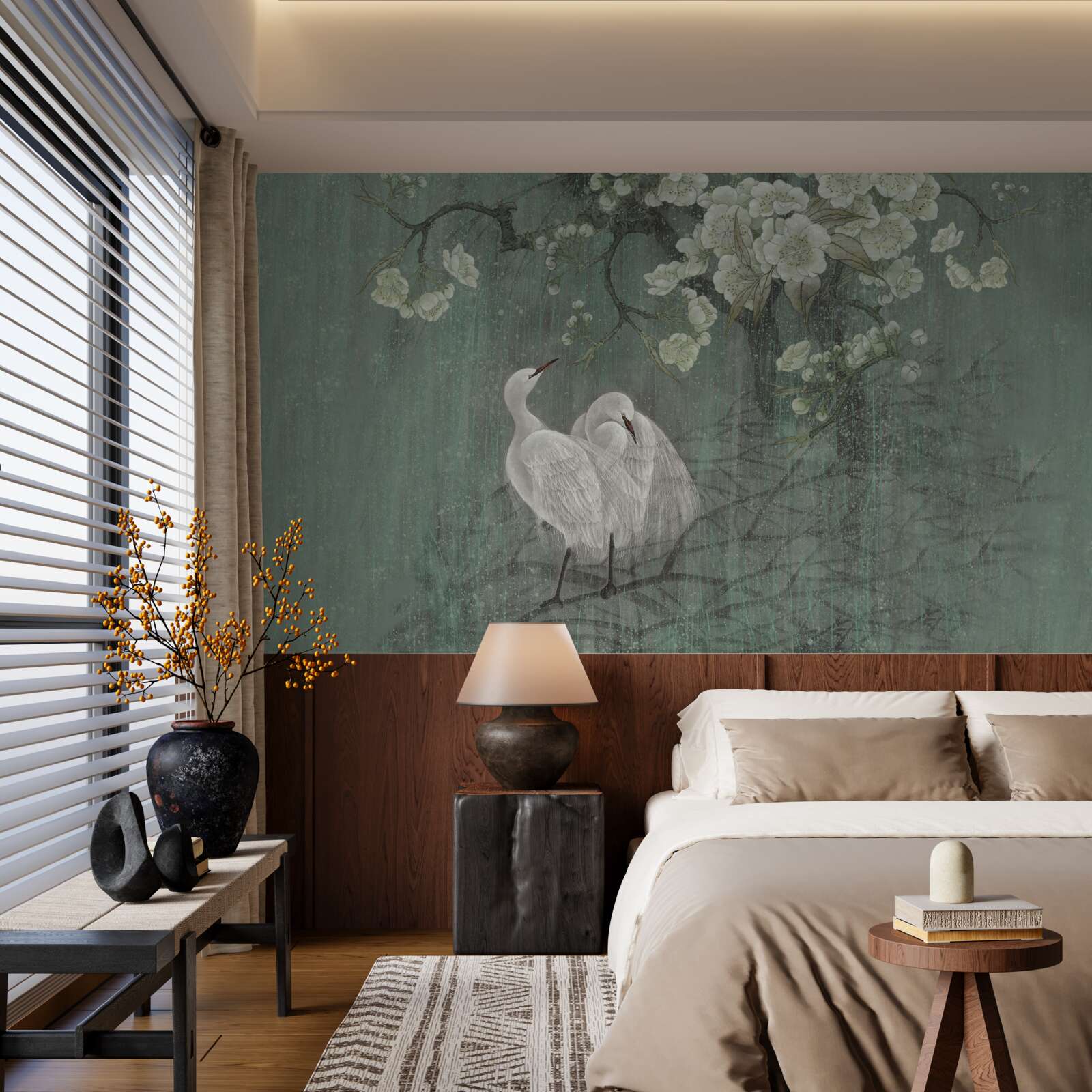 Fototapeta labute plávajú pod stromom v plnom kvete