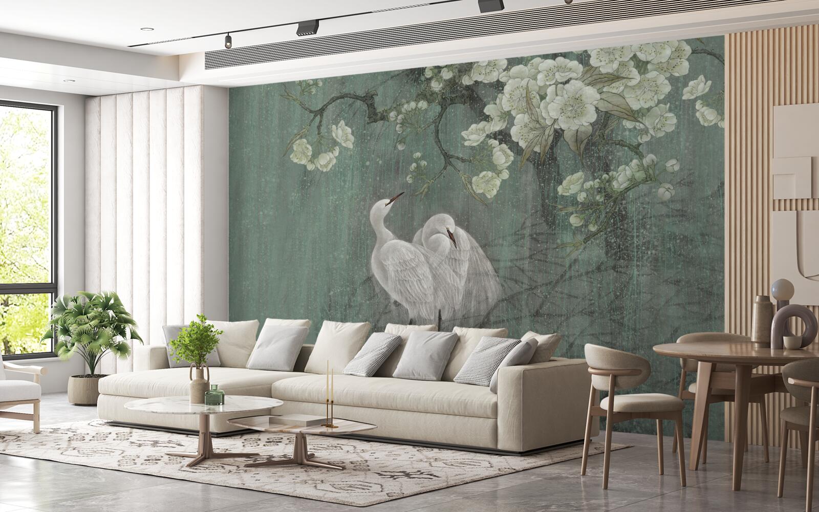 Fototapeta labute plávajú pod stromom v plnom kvete