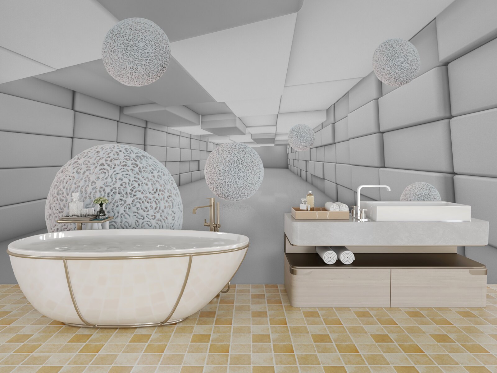 Fototapeta obdĺžnikové tunely sú vyplnené priehľadnými guličkami