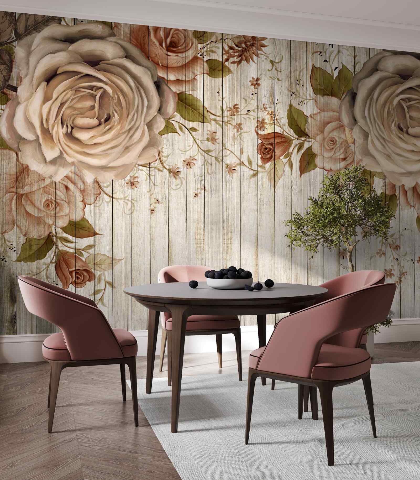 Fototapeta Svieže ruže v jemných krémových odtieňoch na svetlej parketovej podlahe