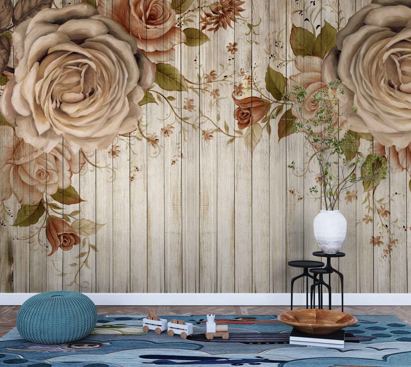 Fototapeta Svieže ruže v jemných krémových odtieňoch na svetlej parketovej podlahe