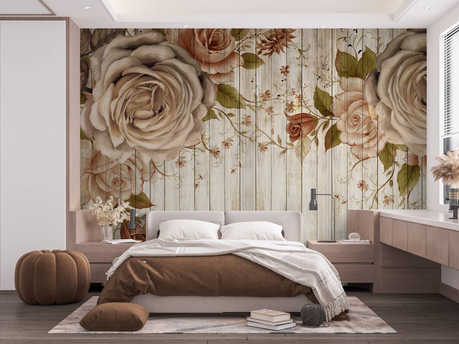 Fototapeta Svieže ruže v jemných krémových odtieňoch na svetlej parketovej podlahe