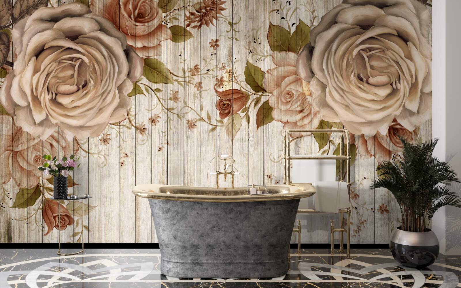 Fototapeta Svieže ruže v jemných krémových odtieňoch na svetlej parketovej podlahe