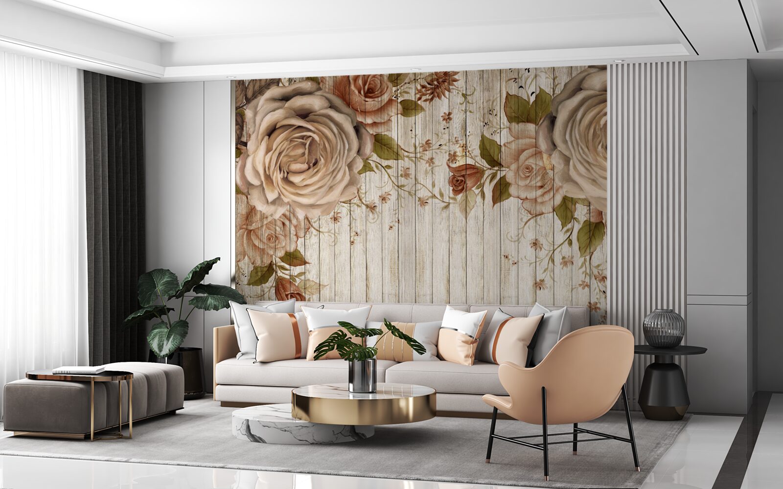 Fototapeta Svieže ruže v jemných krémových odtieňoch na svetlej parketovej podlahe