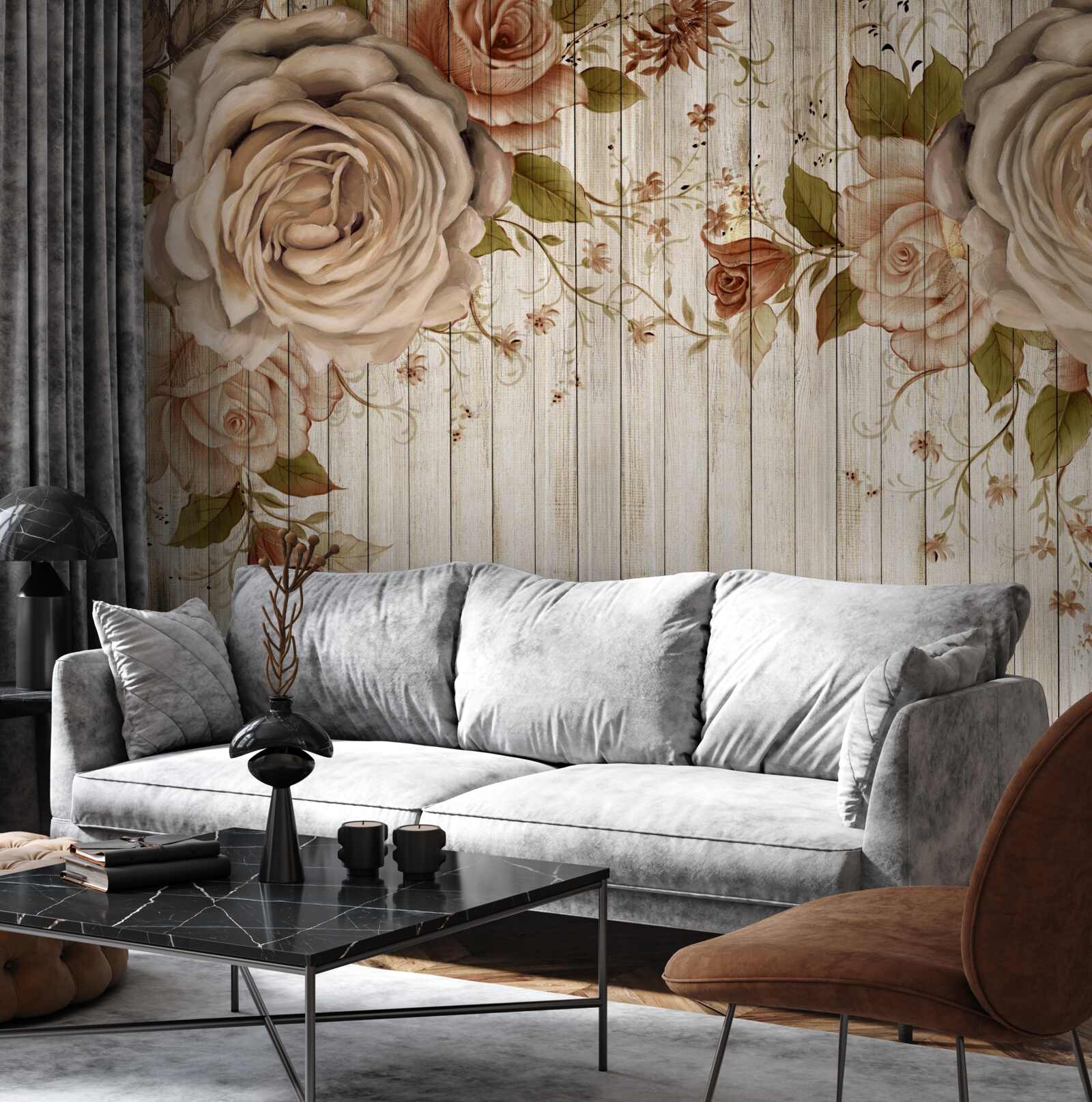 Fototapeta Svieže ruže v jemných krémových odtieňoch na svetlej parketovej podlahe