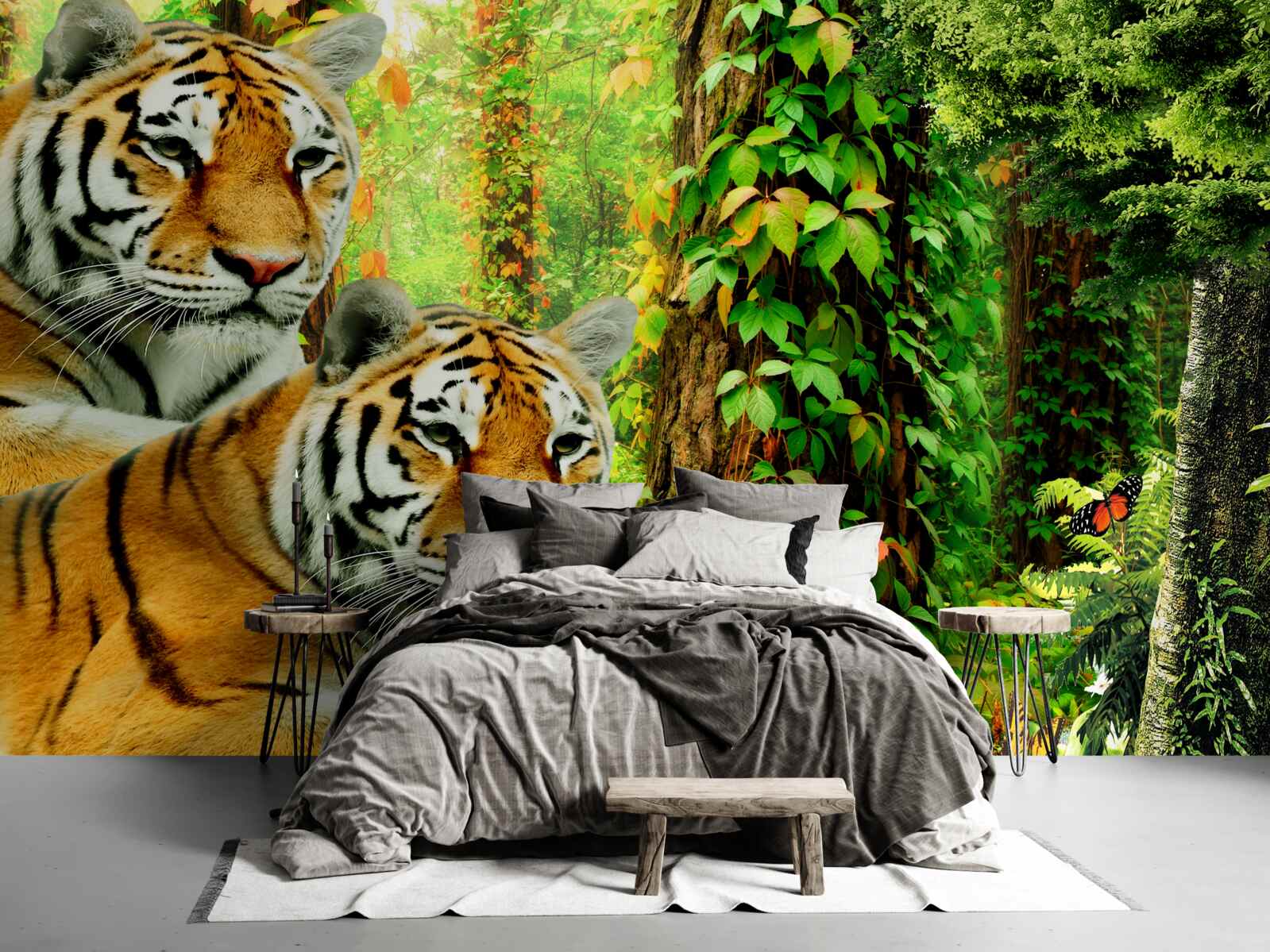 Fototapeta tigrí rodinka v zelenej húštine lesa