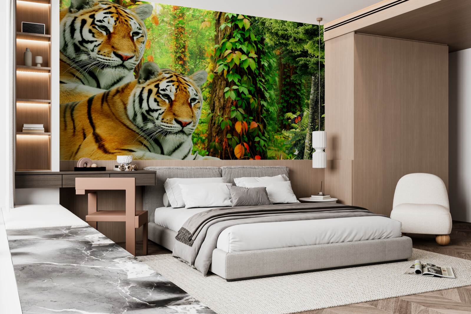 Fototapeta tigrí rodinka v zelenej húštine lesa