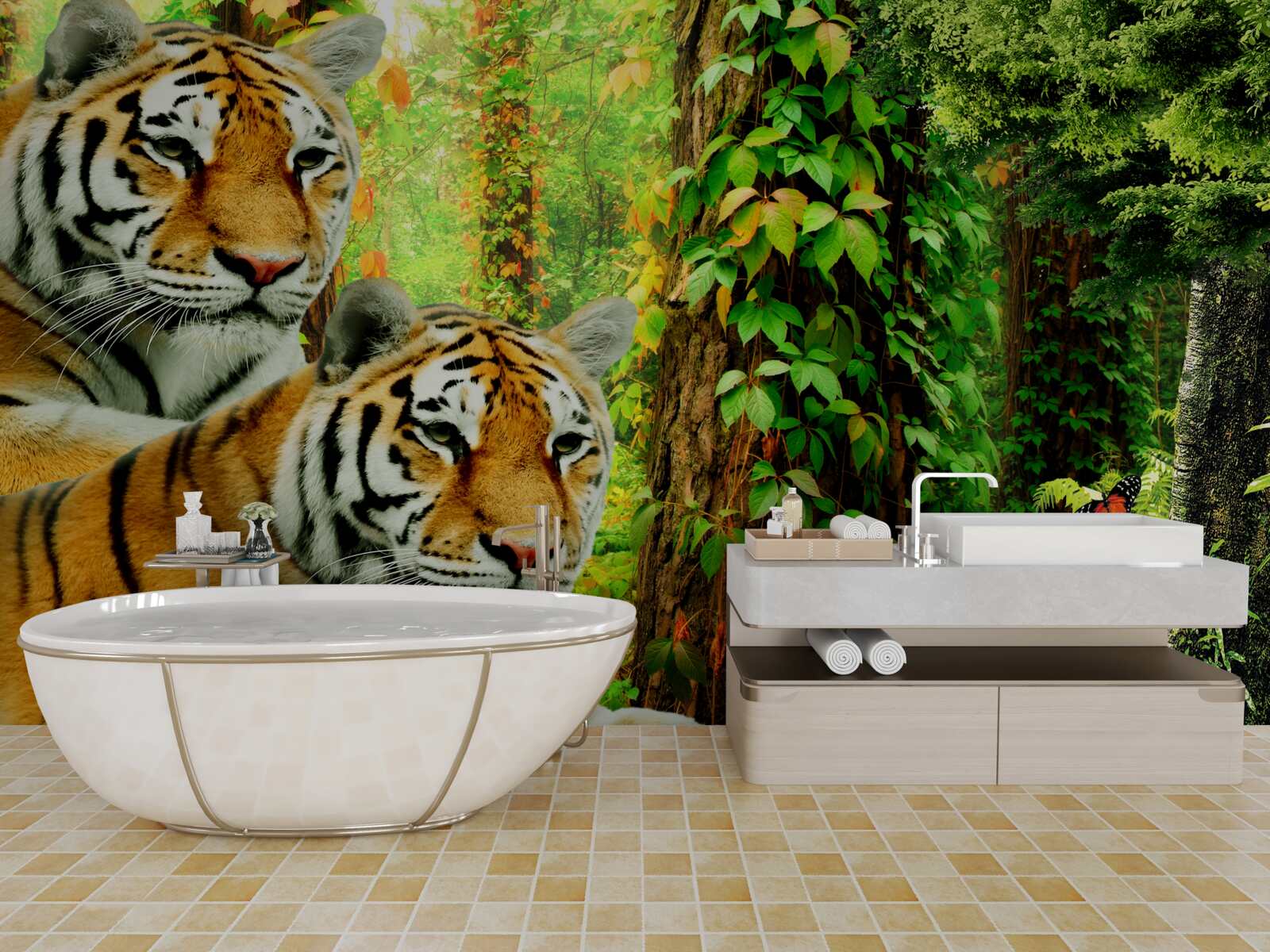 Fototapeta tigrí rodinka v zelenej húštine lesa