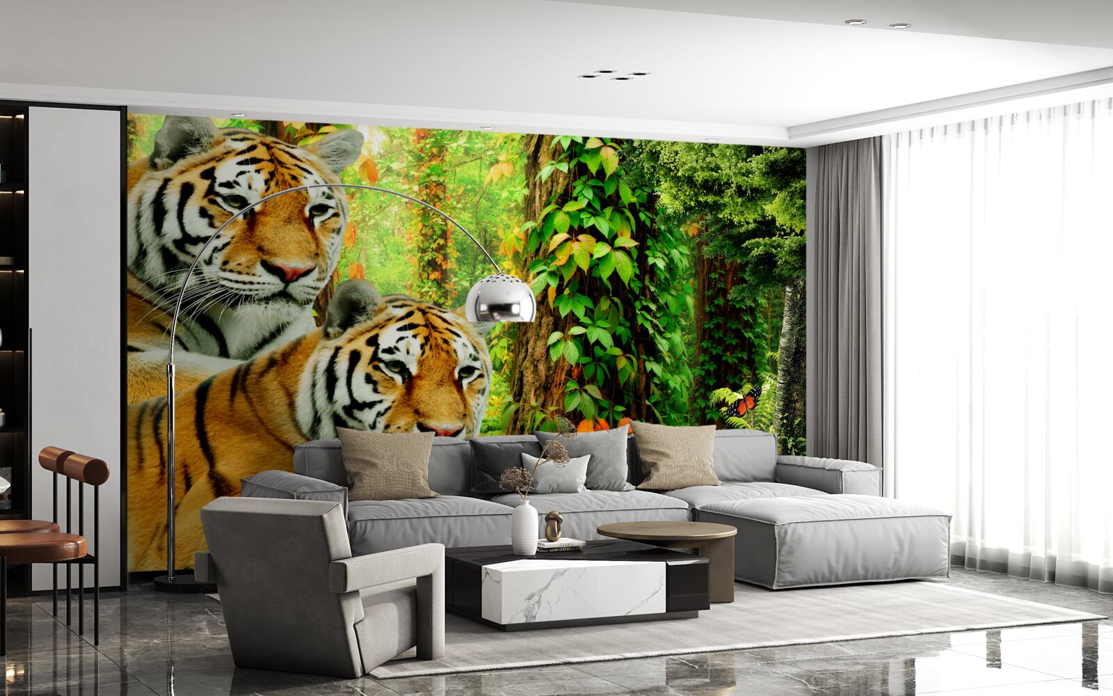 Fototapeta tigrí rodinka v zelenej húštine lesa