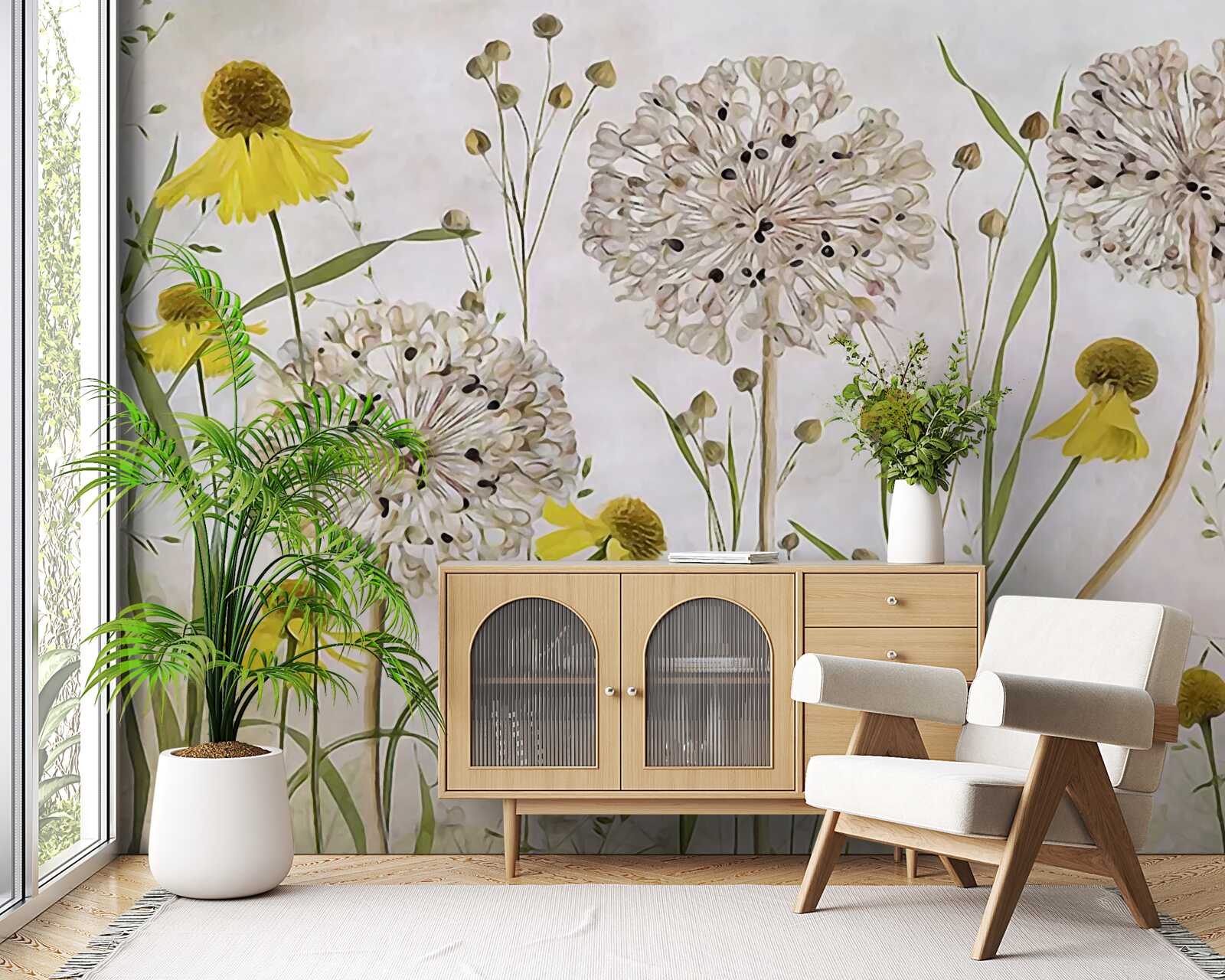 Fototapeta kvety púpavy na lúke a žltá flóra