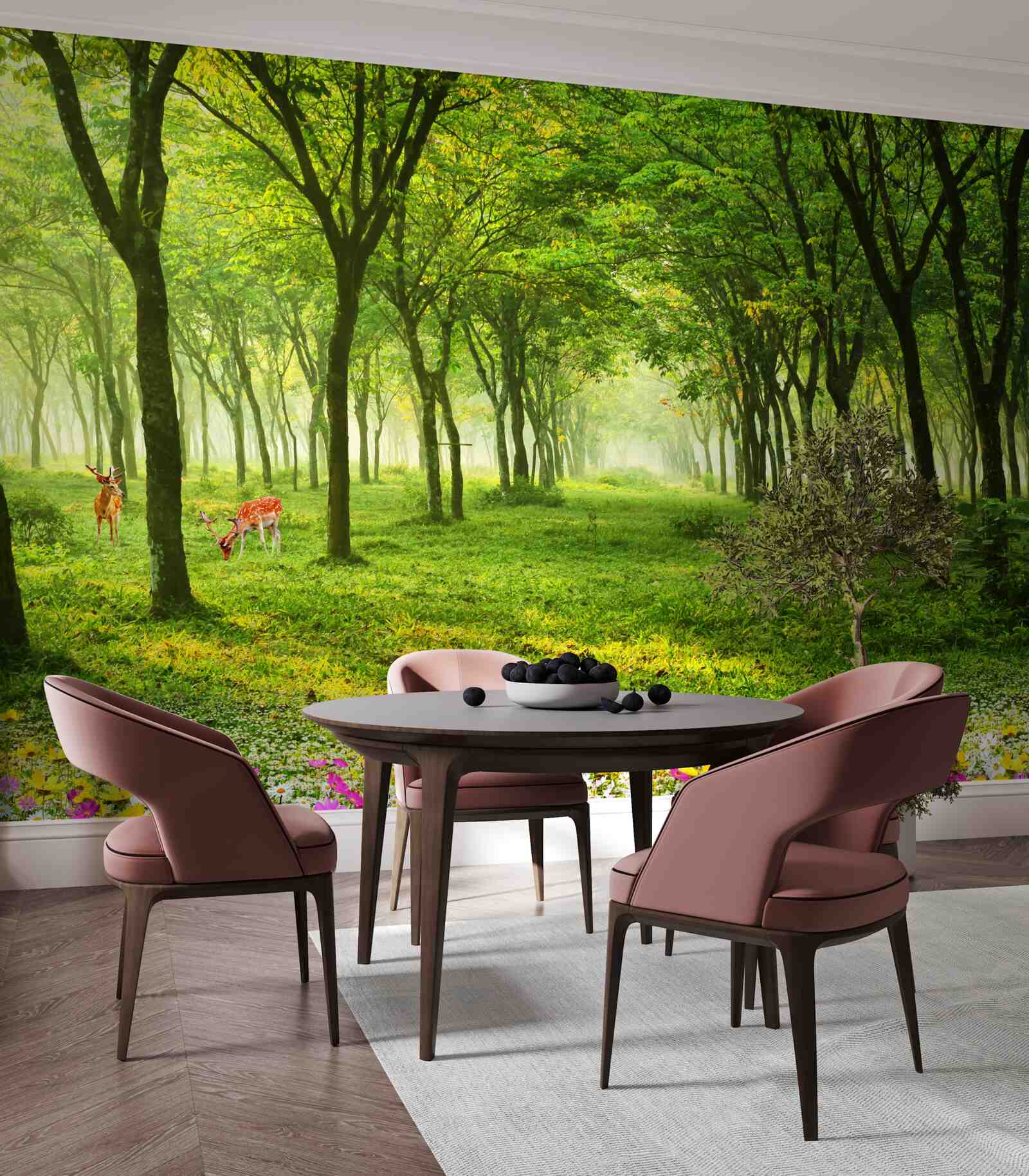 Fototapeta nádherný výhľad na les s jeleňmi na zelenom pozadí