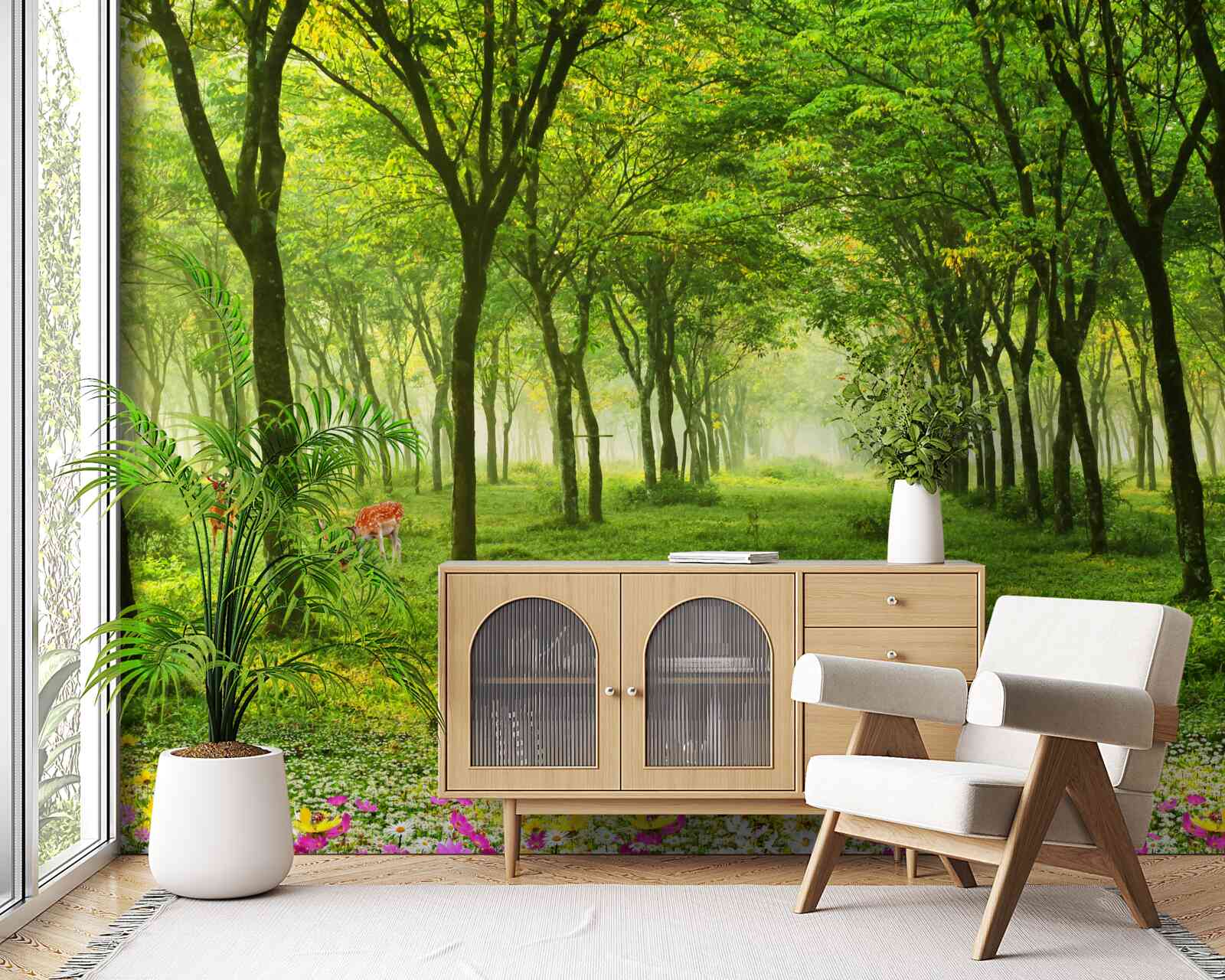 Fototapeta nádherný výhľad na les s jeleňmi na zelenom pozadí