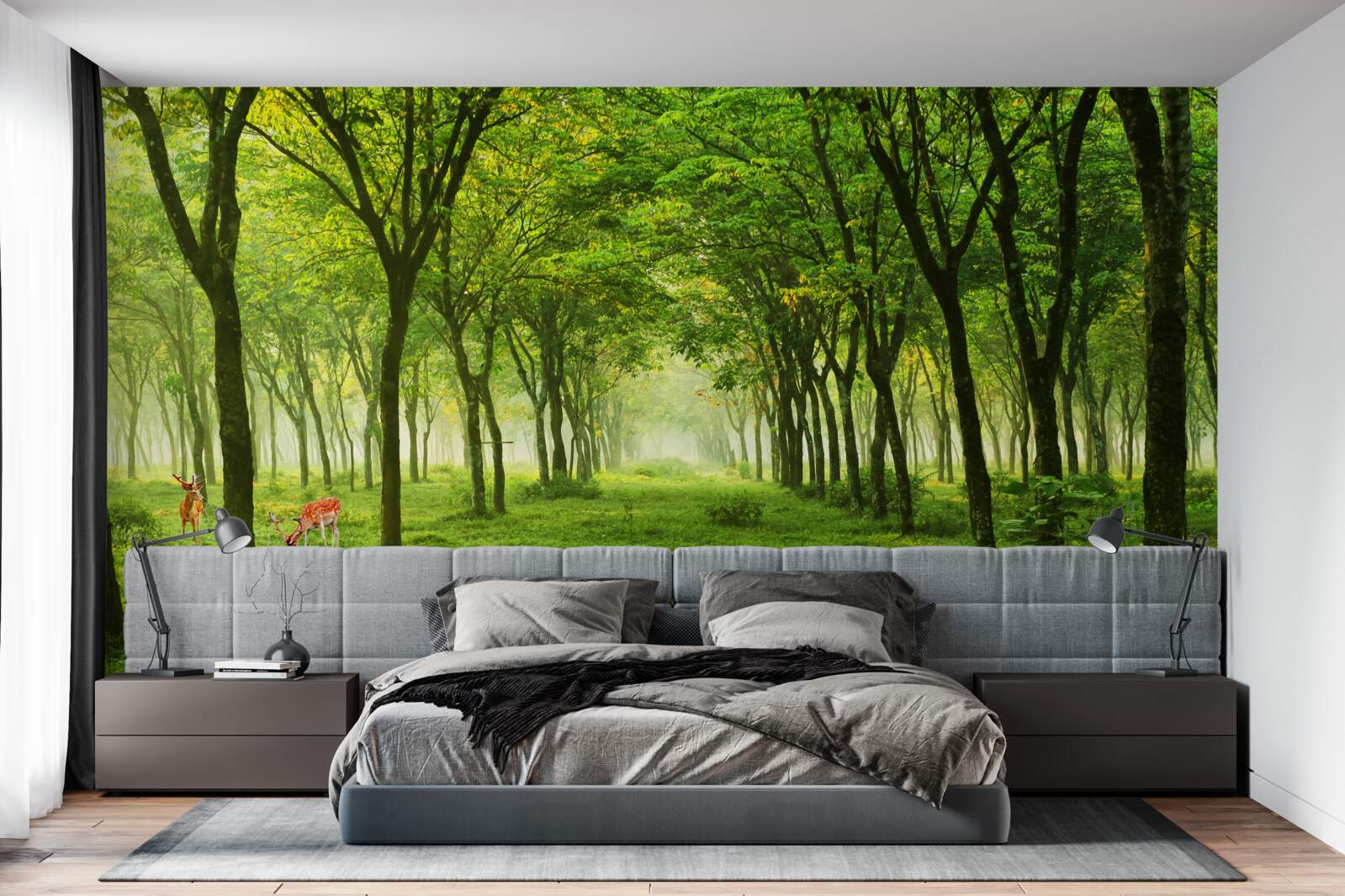 Fototapeta nádherný výhľad na les s jeleňmi na zelenom pozadí