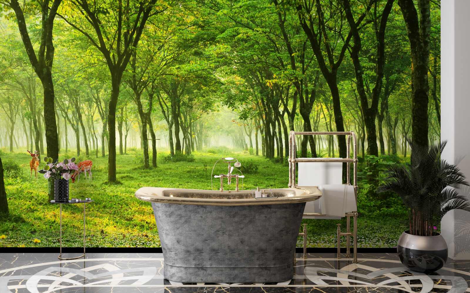 Fototapeta nádherný výhľad na les s jeleňmi na zelenom pozadí