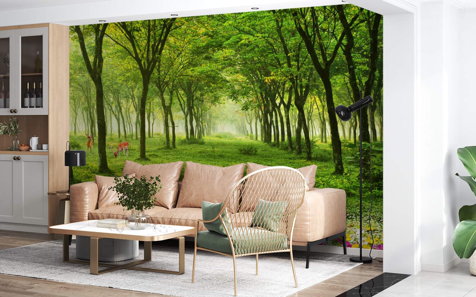 Fototapeta nádherný výhľad na les s jeleňmi na zelenom pozadí