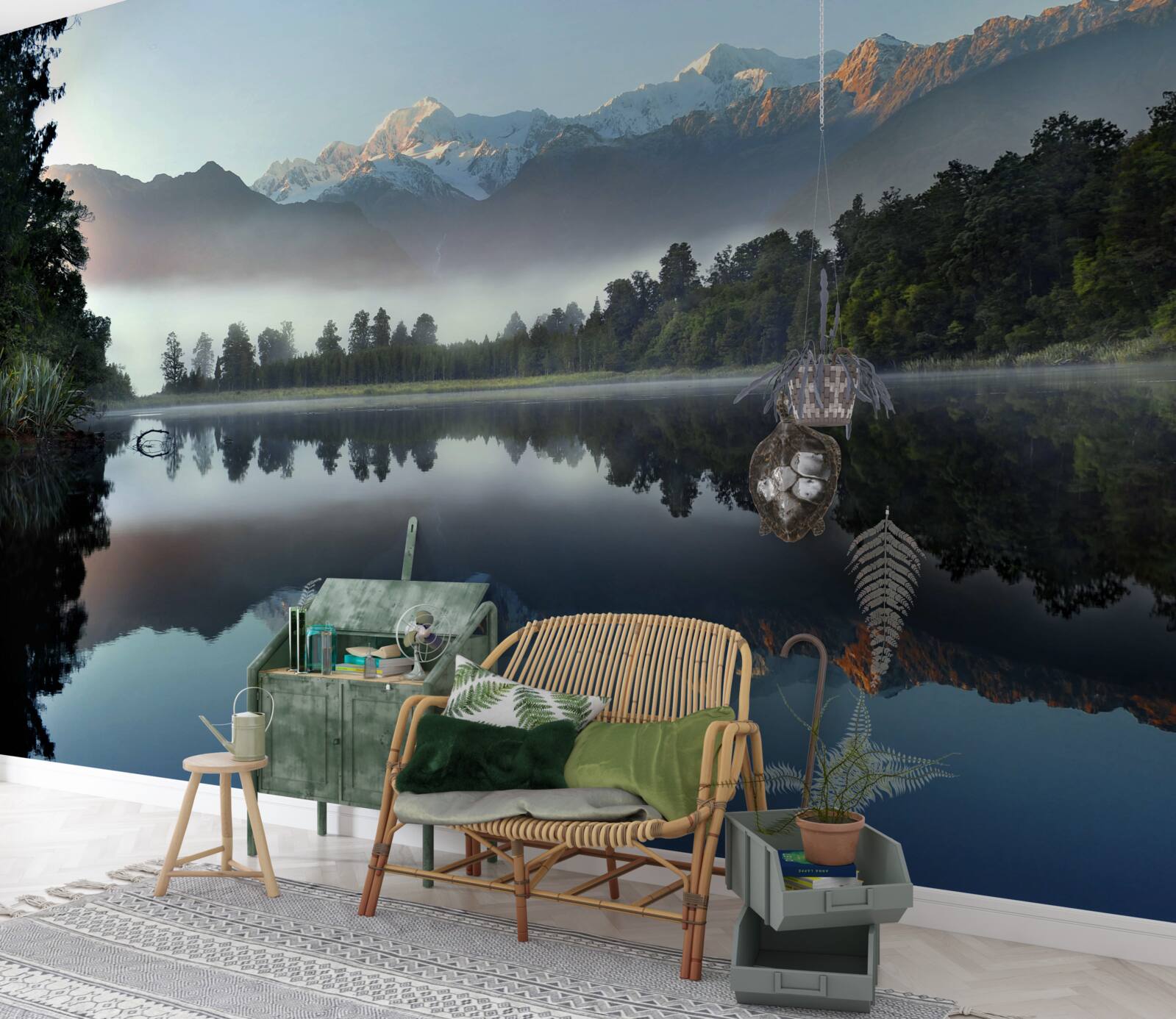 Fototapeta vrchol horského jazera je pokrytý hmlou