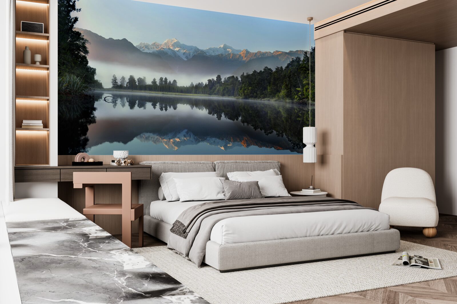 Fototapeta vrchol horského jazera je pokrytý hmlou