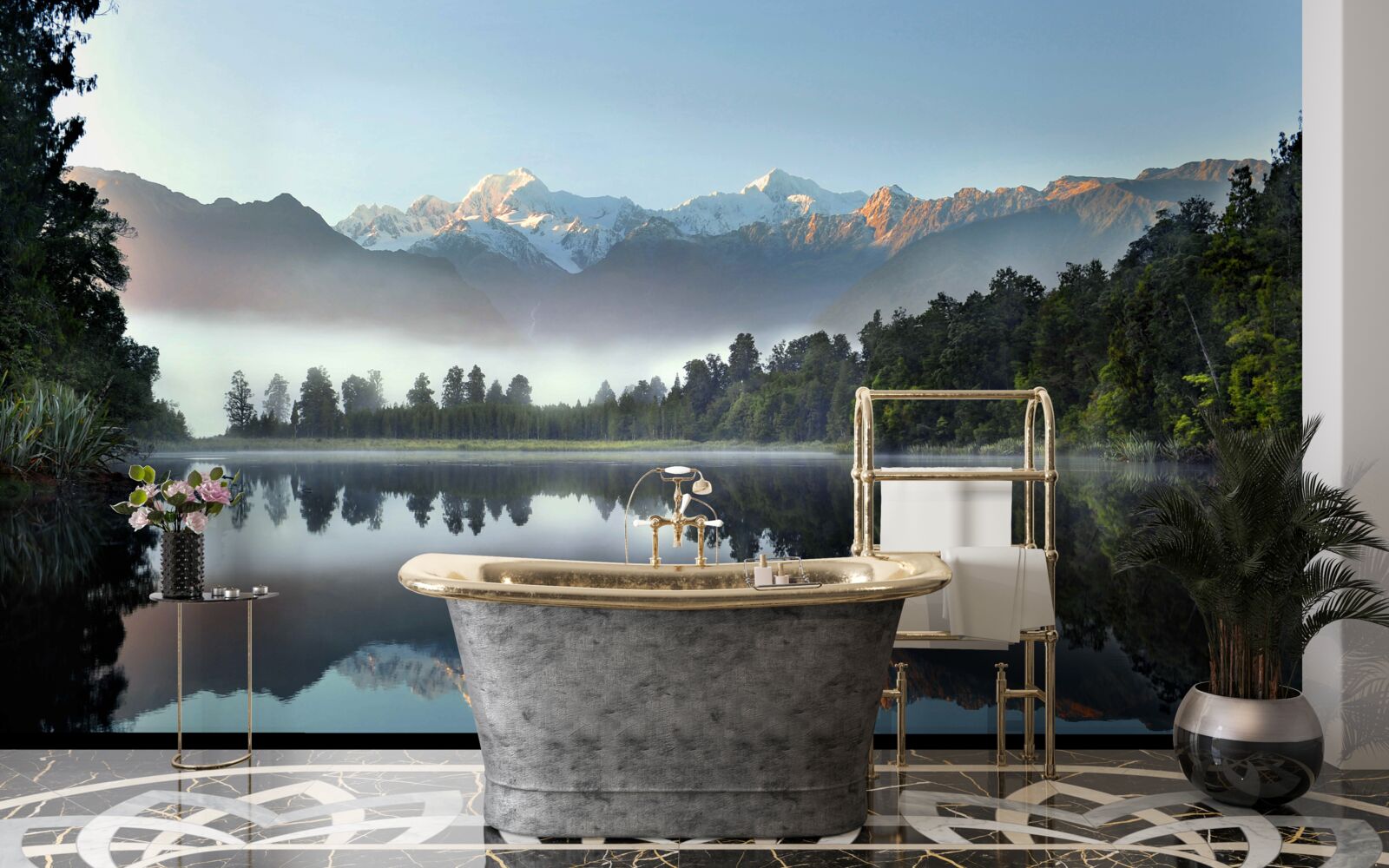 Fototapeta vrchol horského jazera je pokrytý hmlou