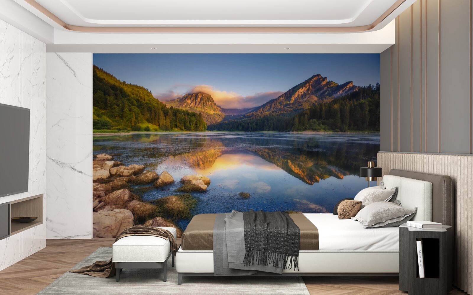 Fototapeta západ slnka nad pokojným horským jazerom