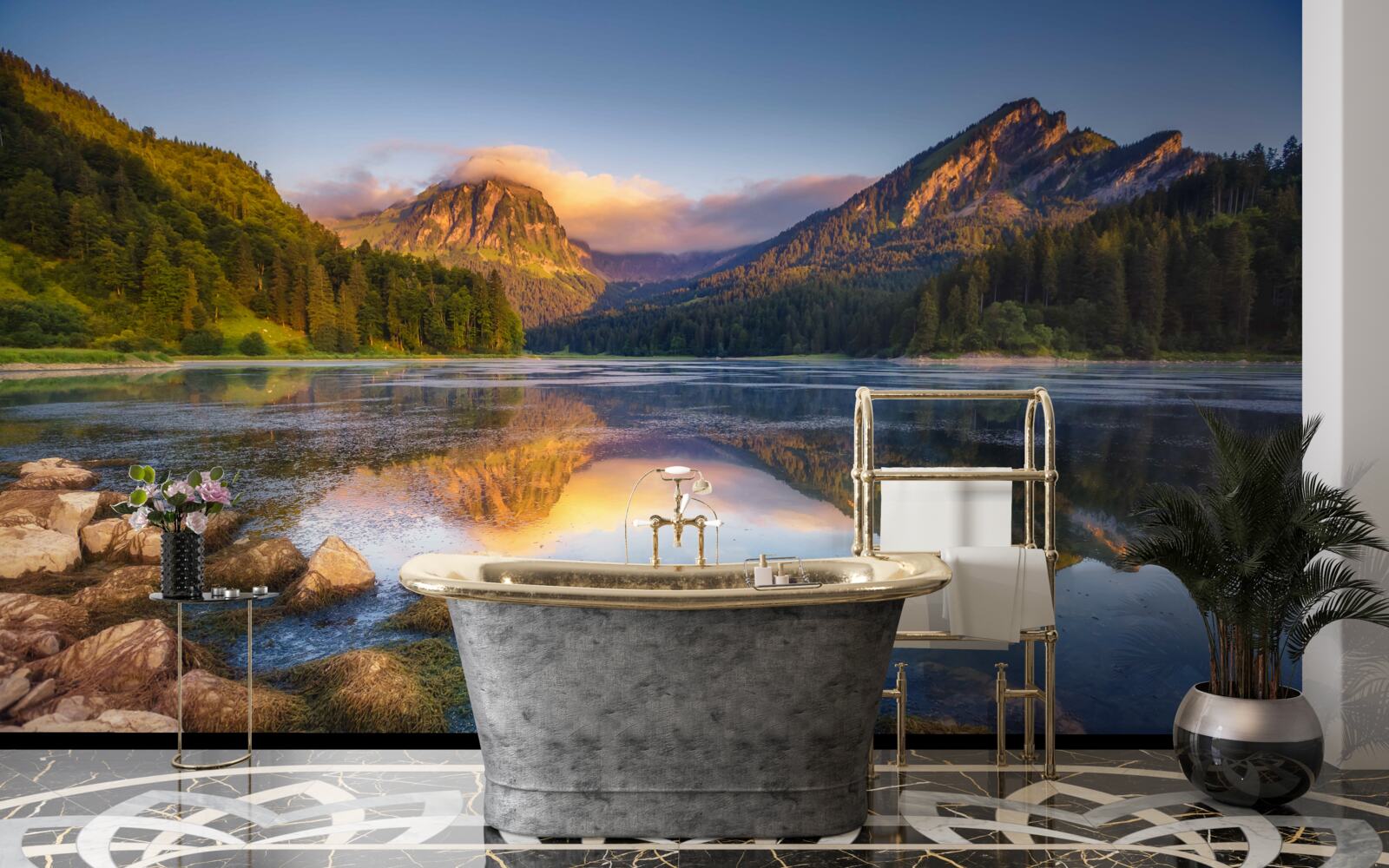 Fototapeta západ slnka nad pokojným horským jazerom