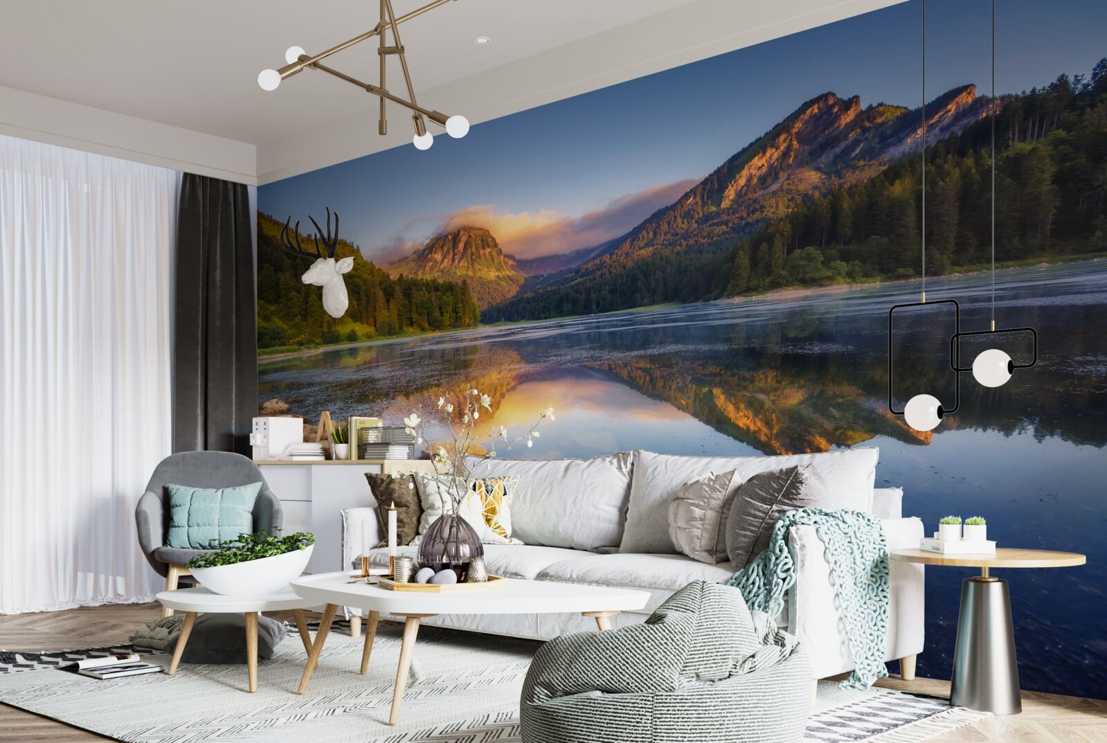 Fototapeta západ slnka nad pokojným horským jazerom