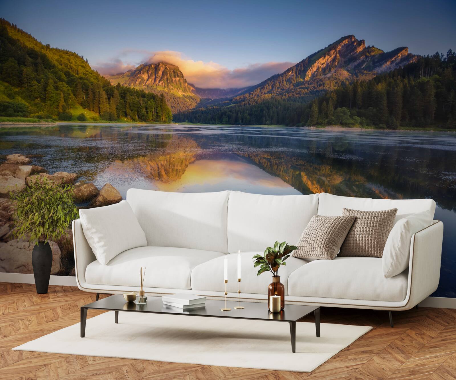 Fototapeta západ slnka nad pokojným horským jazerom